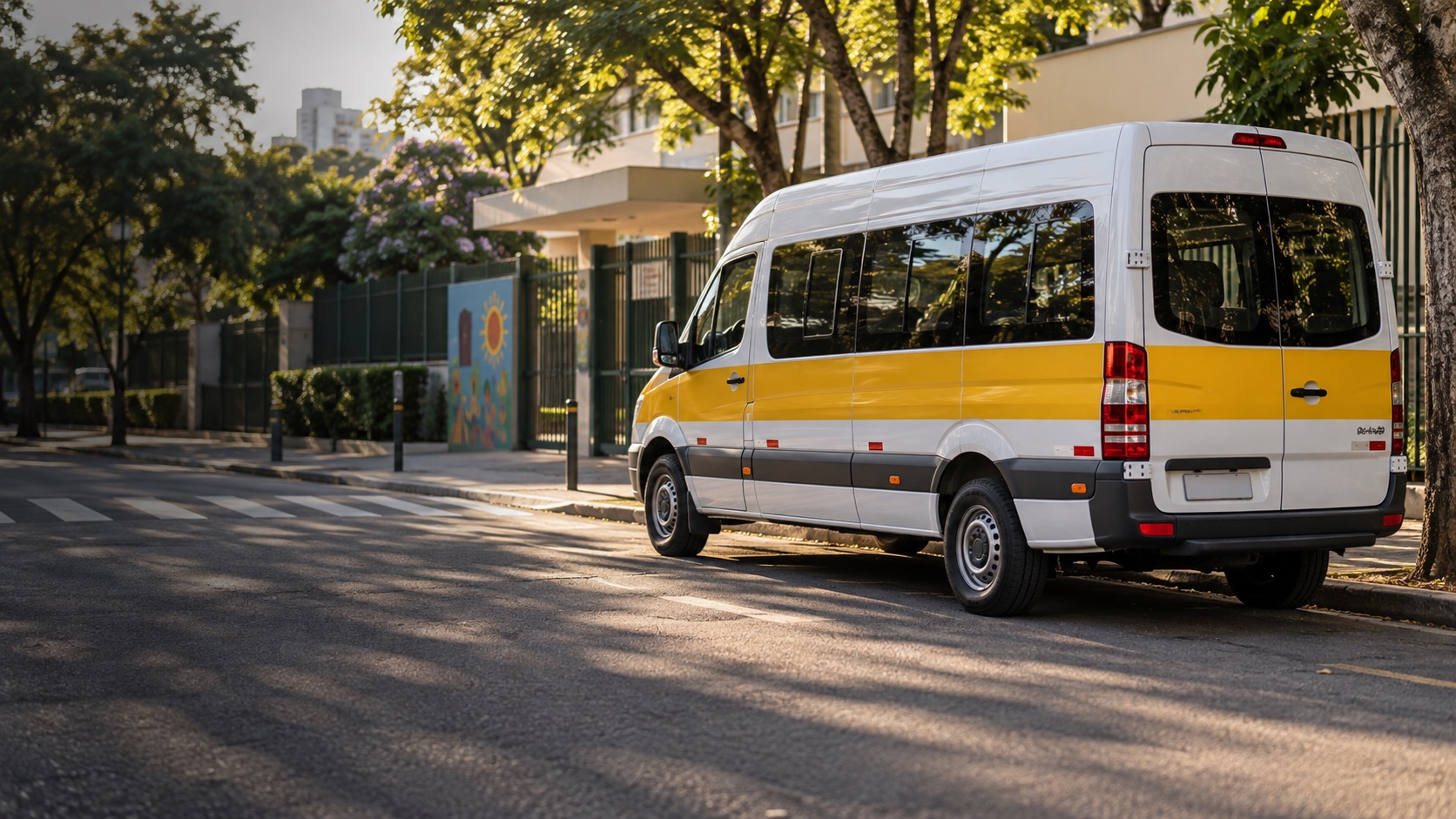 Imagem ilustrativa de van de transporte escolar com faixa amarela, em frente a uma escola